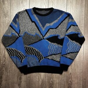 Vintage Abstract Geometric Knit Sweater Medium 1980s Blue Art Cable 3D